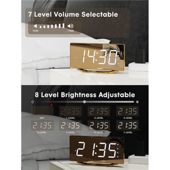 Gold Loud Alarm Clock Heavy Sleeper 2 Alarms Big Display Clock with Bed Shaker - Picture 6 of 6